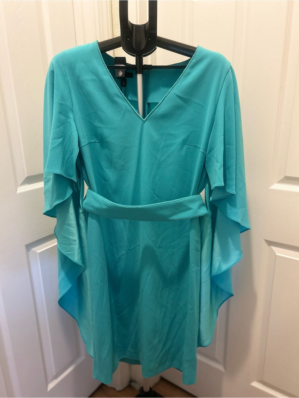 Escada Teal V-Neck Cape Sleeve Belted Dress